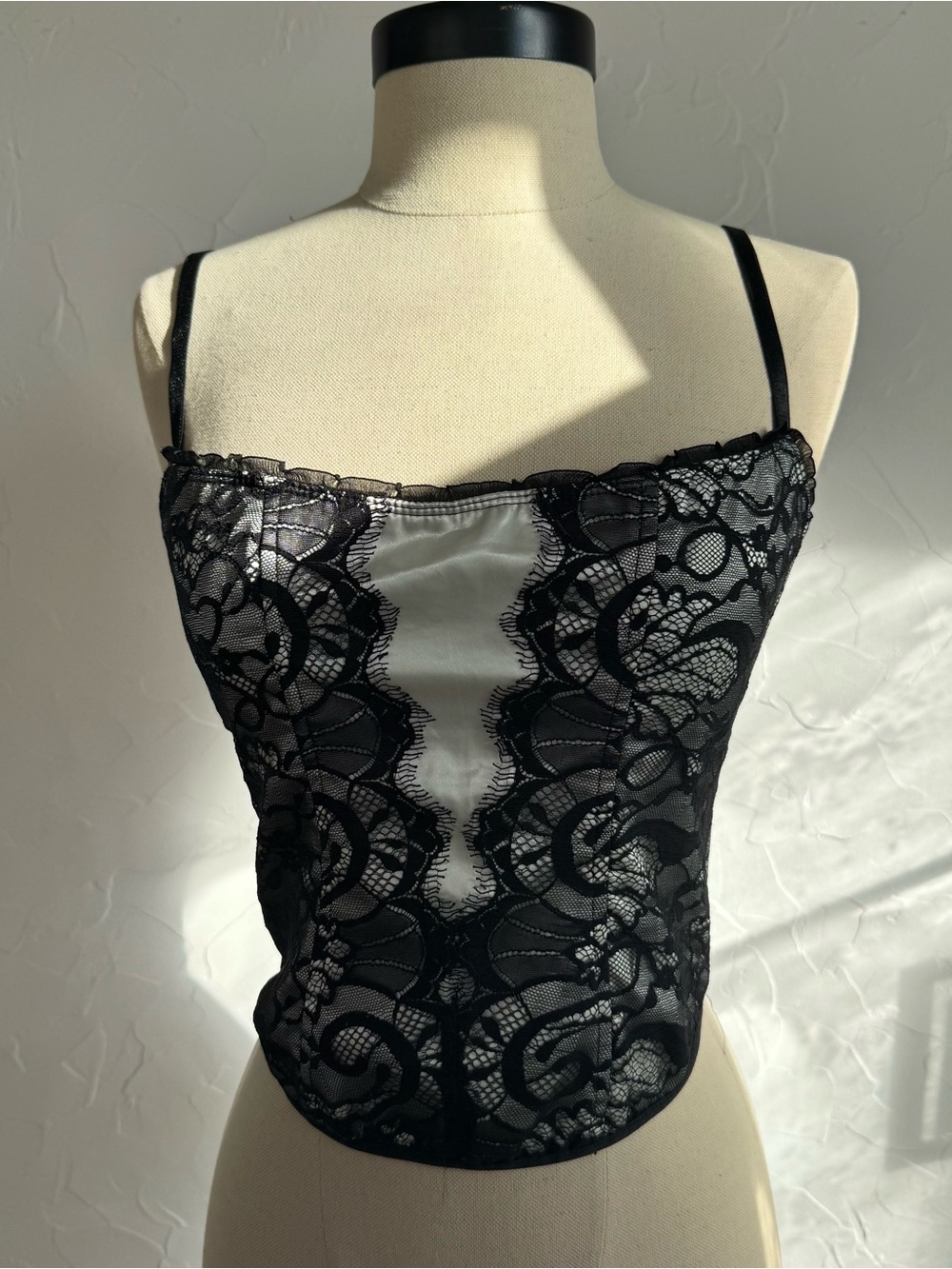 INC International Concepts Black Lace Bustier Cami with Cream Satin Panel